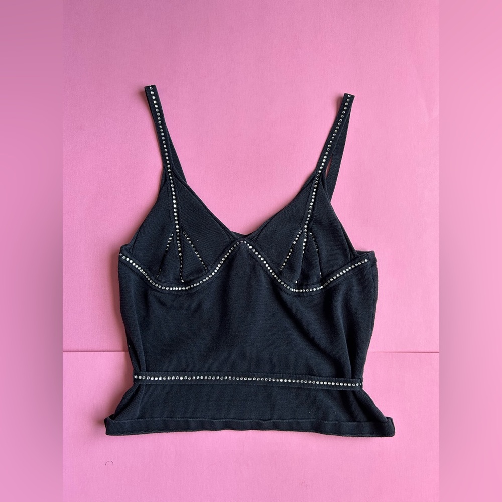Express World Brand Stretch Silk Bedazzled Rhinestone Tie Waist Tank Top